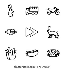 fast icon. Set of 9 fast outline icons such as rabbit, truck, french fries, hot dog, donut, soda and burger, fast forward