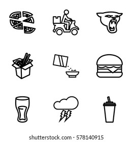 fast icon. Set of 9 fast outline icons such as panther, drink, pizza, noodles fast food, cheeseburger, cereal, courier on motorcycle