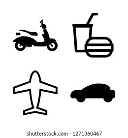 fast icon set about cyclist, super car, airplane and fast food vector set