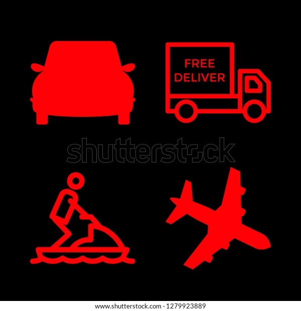 fast icon set about delivery truck, jet ski,\
air plane and sport car vector\
set