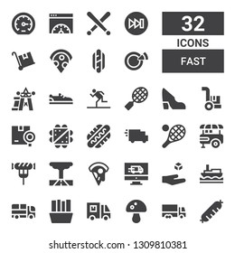 fast icon set. Collection of 32 filled fast icons included Sausage, Truck, Mushroom, Delivery truck, Fries, Ship, Levitation, Delivery, Pizza, Tornado, Food stand, Tennis, Hot dog