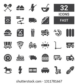 fast icon set. Collection of 32 filled fast icons included Mushroom, Cargo, Trolley, Score, Flash, Horse, Ambulance, Mail truck, Hamburger, Delivery truck, Ship, Performance, Truck