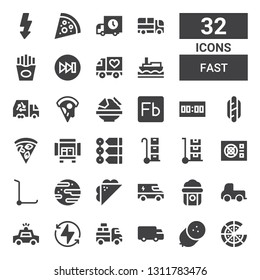 fast icon set. Collection of 32 filled fast icons included Pizza, Sausage, Shipping, Van, Bolt, Police car, Delivery truck, Popcorn, Truck, Sandwich, Jawbreaker, Trolley, Power