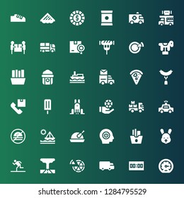 fast icon set. Collection of 36 filled fast icons included Performance, Score, Shipping, Pizza, Tornado, Running, Rabbit, French fries, Power, Chicken, Ship, No fast food, Police car