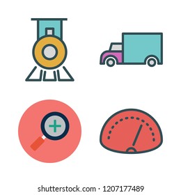 fast icon set. vector set about cargo truck, train, speedometer and zoom in icons set.