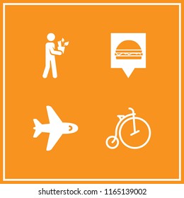 fast icon. This set with aeroplane,  bicycle and fast food pin vector icons for mobile and web