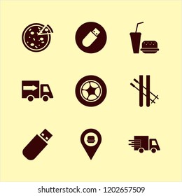 fast icon. fast vector icons set car wheel, skiing, pizza and fastfood location