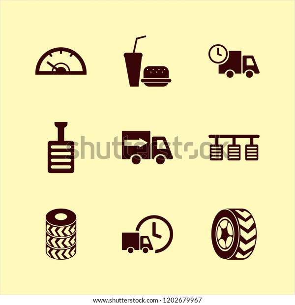 fast icon. fast vector icons set\
car wheels, fast delivery truck, speedometer and\
pedal