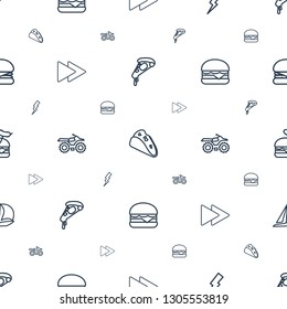 fast icons pattern seamless white background. Included editable outline pizza, taco, flash, fast forward, motorcycle, cheeseburger, burger with sausage icons. fast icons for web and mobile.