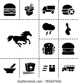 Fast icons. set of 13 editable filled fast icons such as bowl, horse, rabbit, truck, express delivery, burger, cheeseburger, sandwich