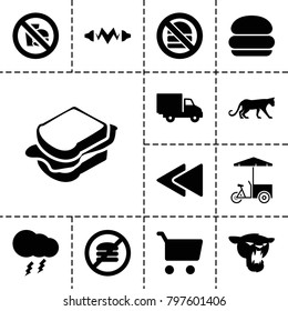 Fast icons. set of 13 editable filled fast icons such as panther, burger, sandwich, shopping cart, delivery car, play back, thunderstorm