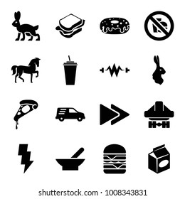 Fast icons. set of 16 editable filled fast icons such as bowl, horse, rabbit, pizza, drink, donut, sandwich, double burger, take away food, electricity, cargo plane back view