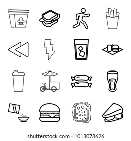 Fast icons. set of 16 editable outline fast icons such as sausage, drink, sandwich, cheeseburger, soda and burger, running, cereal, play back, flash