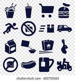 Fast icons set. set of 16 fast filled icons such as rabbit, hot dog, drink, burger with sausage, take away food, cereal, delivery car, tea cup, running, delivery bike