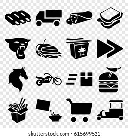 Fast icons set. set of 16 fast filled icons such as sausage, panther, horse, truck, wrap sandwich, sandwich, burger with pepper, sandwich and apple, cereal, motorcycle