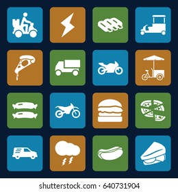 Fast icons set. set of 16 fast filled icons such as sausage, truck, pizza, hot dog, sandwich, fast food cart, courier on motorcycle, delivery car, burger, thunderstorm