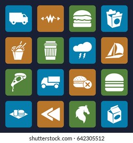 Fast icons set. set of 16 fast filled icons such as horse, truck, pizza, drink, burger, soda and burger, take away food, play back, thunderstorm, electricity