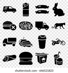 Fast icons set. set of 16 fast filled icons such as sausage, rabbit, panther, truck, wrap sandwich, drink, pizza, burrito, sandwich and apple, burger and drink, delivery car