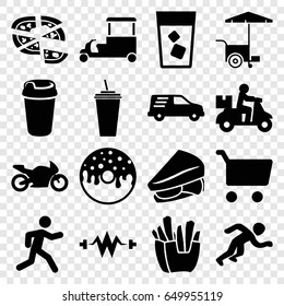 Fast icons set. set of 16 fast filled icons such as french fries, drink, donut, pizza, sandwich, fast food cart, running, delivery car, motorbike, electricity, delivery bike