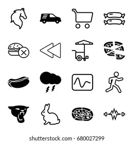 Fast icons set. set of 16 fast filled and outline icons such as panther, hot dog, pizza, delivery car, thunderstorm, rabbit, horse, sausage, running, play back, electricity