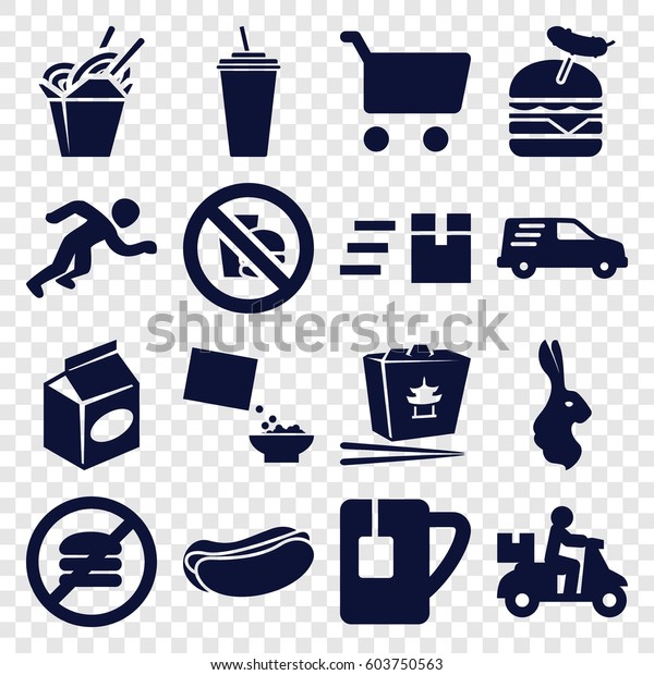 Fast icons set. set of 16\
fast filled icons such as rabbit, hot dog, drink, burger with\
sausage, take away food, cereal, delivery car, tea cup, running,\
delivery bike