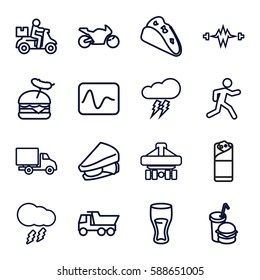 fast icons set. Set of 16 fast outline icons such as truck, taco, drink, sandwich, burger with sausage, burrito, burger and drink, running, cargo plane back view, delivery car