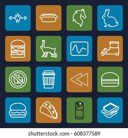 Fast icons set. set of 16 fast outline icons such as rabbit, horse, taco, drink, sandwich, double burger, burger, burrito, play back, hot dog