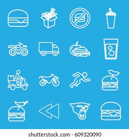 Fast icons set. set of 16 fast outline icons such as panther, drink, burger with pepper, burger with sausage, cheeseburger, sandwich and apple, courier on motorcycle