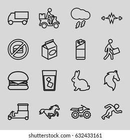 Fast icons set. set of 16 fast outline icons such as rabbit, horse, truck, drink, burrito, take away food, courier, courier on motorcycle, thunderstorm, running, burger