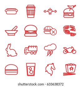 Fast icons set. set of 16 fast outline icons such as rabbit, horse, bowl, truck, drink, pizza, burger with pepper, burger, hot dog, thunderstorm, motorbike