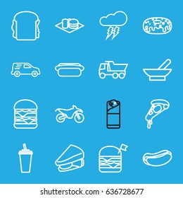 Fast icons set. set of 16 fast outline icons such as bowl, truck, pizza, hot dog, drink, donut, sandwich, double burger with flag, double burger, burrito, soda and burger