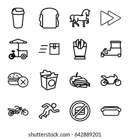 Fast icons set. set of 16 fast outline icons such as horse, drink, french fries, sandwich, take away food, sandwich and apple, hot dog, motorcycle, motorbike, running