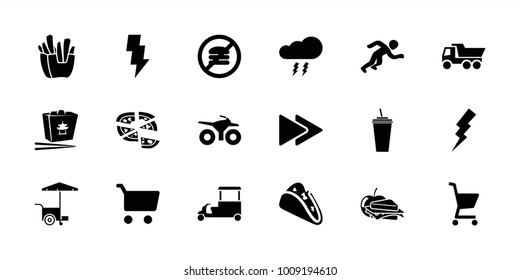 Fast icons. set of 18 editable filled fast icons: flash, truck, taco, french fries, drink, pizza, sandwich and apple, shopping cart, running, thunderstorm