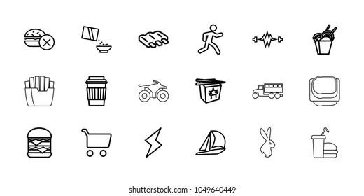 Fast icons. set of 18 editable outline fast icons: sausage, sailboat, drink, double burger, shopping cart, running, cereal, electricity, flash, rabbit, truck, motorcycle