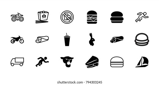 Fast icons. set of 18 editable filled and outline fast icons: rabbit, sailboat, burger, wrap sandwich, drink, sandwich, double burger, motorbike, running, truck, motorcycle