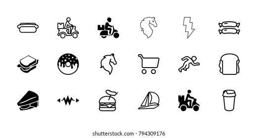 Fast icons. set of 18 editable filled and outline fast icons: donut, sandwich, electricity, courier on motorcycle, sausage, horse, sailboat, drink, burger with sausage