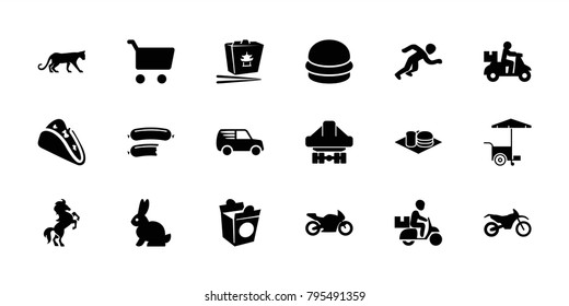 Fast icons. set of 18 editable filled fast icons: panther, delivery bike, taco, soda and burger, take away food, shopping cart, cargo plane back view, motorbike, running
