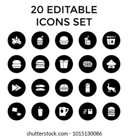 Fast icons. set of 20 editable filled fast icons such as sausage, rabbit, delivery bike, express delivery, burger, pizza. best quality fast elements in trendy style.