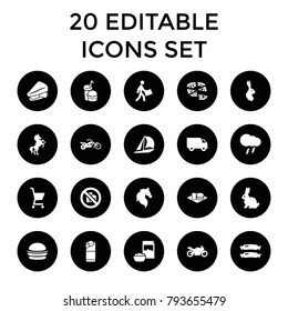 Fast icons. set of 20 editable filled fast icons such as sausage, horse, rabbit, sailboat, burger, pizza, sandwich, burrito. best quality fast elements in trendy style.
