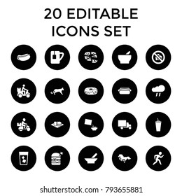 Fast icons. set of 20 editable filled fast icons such as bowl, hot dog, drink, donut, pizza, double burger with flag. best quality fast elements in trendy style.
