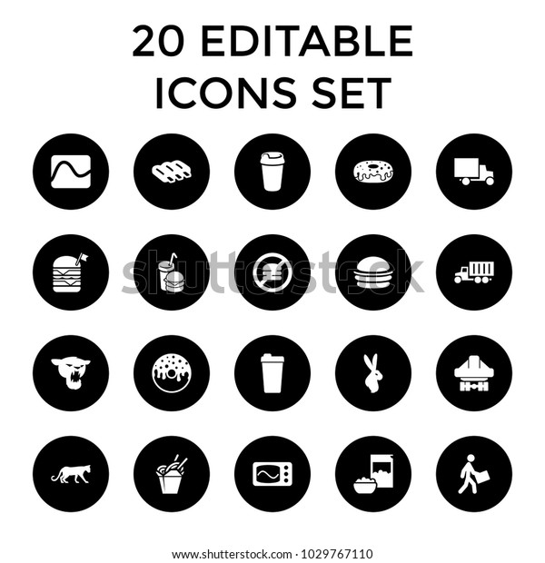 Fast icons. set of\
20 editable filled fast icons such as sausage, panther, burger,\
drink, donut, double burger with flag. best quality fast elements\
in trendy style.