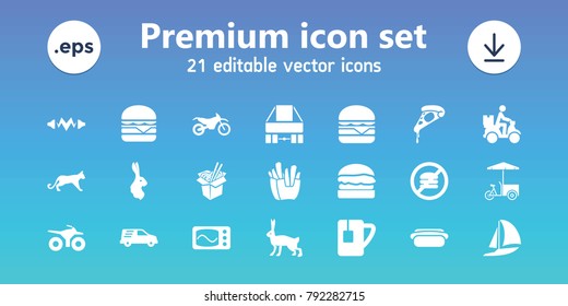 Fast icons. set of 21 editable filled fast icons includes rabbit, pizza, french fries, cheeseburger, courier on motorcycle, delivery car, tea cup, burger, hot dog, motorbike