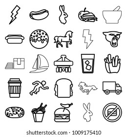 Fast icons. set of 25 editable outline fast icons such as horse, panther, rabbit, flash, french fries, hot dog, drink, donut, burger with pepper, sandwich, sandwich and apple