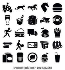 Fast icons. set of 25 editable filled fast icons such as horse, burger, drink, french fries, sandwich, courier, courier on motorcycle, sausage, panther, truck, running