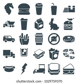 Fast icons. set of 25 editable filled fast icons such as flash, burger, french fries, drink, donut, pizza, sandwich, burger with pepper, take away food, rabbit, horse, truck
