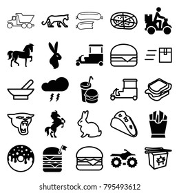 Fast icons. set of 25 editable filled and outline fast icons such as horse, motorcycle, french fries, donut, double burger with flag, burger and drink, courier on motorcycle