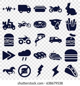 Fast icons set. set of 25 fast filled icons such as sausage, rabbit, panther, horse, flash, taco, pizza, french fries, donut, burger with sausage, double burger, burger