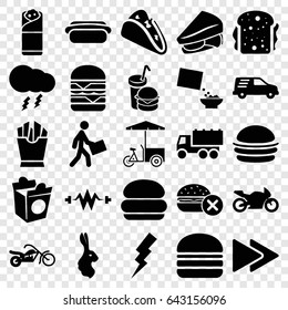 Fast icons set. set of 25 fast filled icons such as rabbit, flash, truck, taco, burger, french fries, sandwich, double burger, burrito, take away food, burger and drink