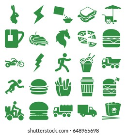 Fast icons set. set of 25 fast filled icons such as horse, rabbit, flash, truck, burger, french fries, drink, pizza, sandwich, double burger with flag, cheeseburger