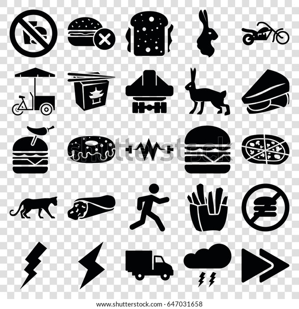 Fast icons set. set of\
25 fast filled icons such as panther, rabbit, flash, wrap sandwich,\
french fries, donut, sandwich, pizza, burger with pepper,\
cheeseburger, running